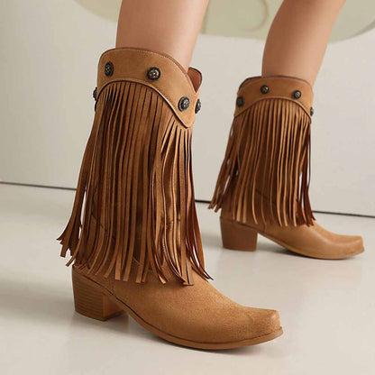 Stylish women's fringe cowgirl boots with decorative buttons and a mid-heel design