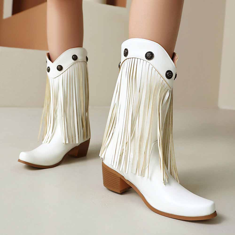 Stylish women's fringe cowgirl boots in white with decorative buttons and long tassels