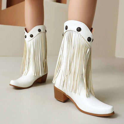Stylish women's fringe cowgirl boots in white with decorative buttons and long tassels
