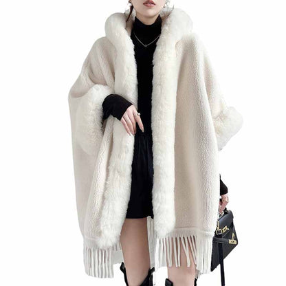 S&DCo. women's fur collar poncho in ivory with fringe detailing for stylish warmth