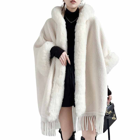 S&DCo. women's fur collar poncho in ivory with fringe detailing for stylish warmth
