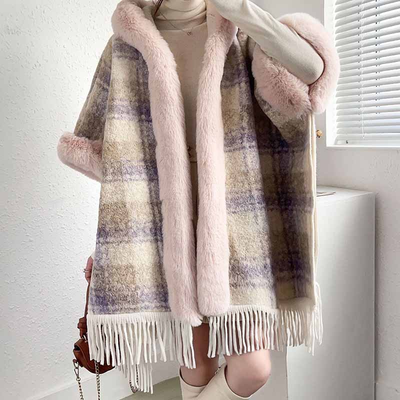 S&DCo. women's fur collar poncho in plaid design with fringe details for stylish layering