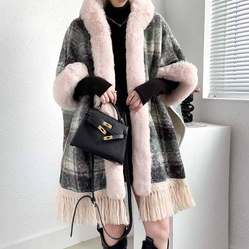 S&DCo. women's fur collar poncho with plaid patterns and fringe details for stylish warmth