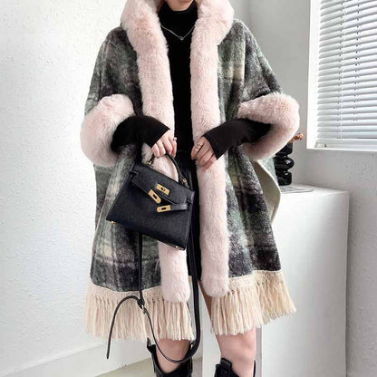 S&DCo. women's fur collar poncho with plaid patterns and fringe details for stylish warmth