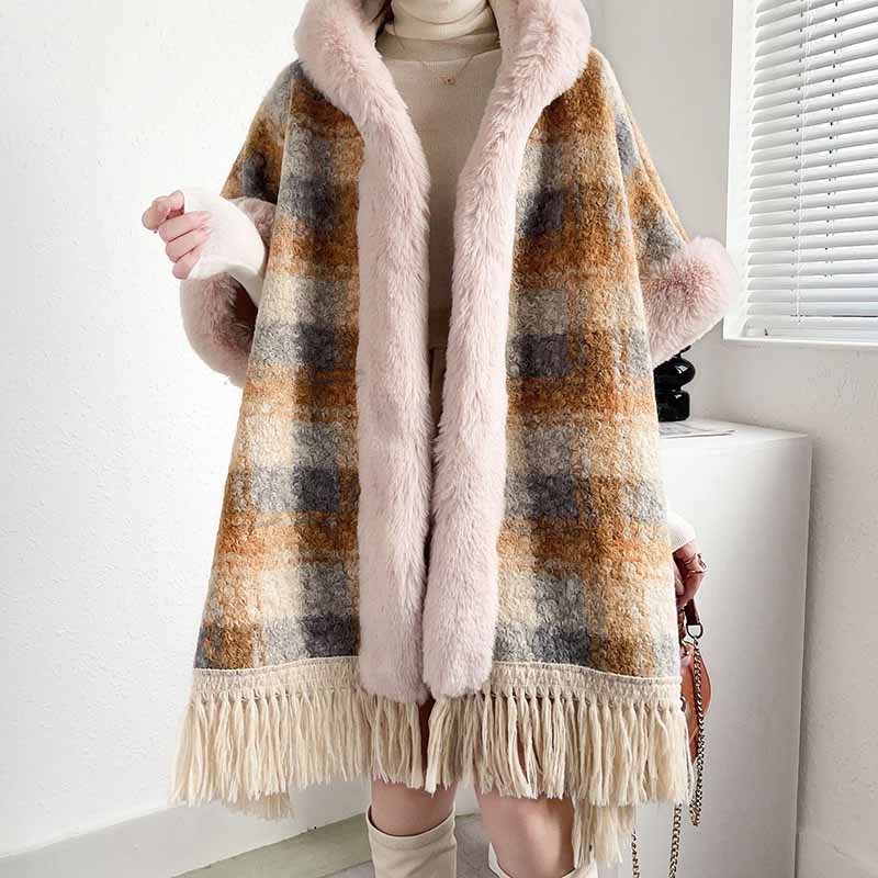 S&DCo. women's fur collar poncho in plaid design with fringe hem for stylish layering