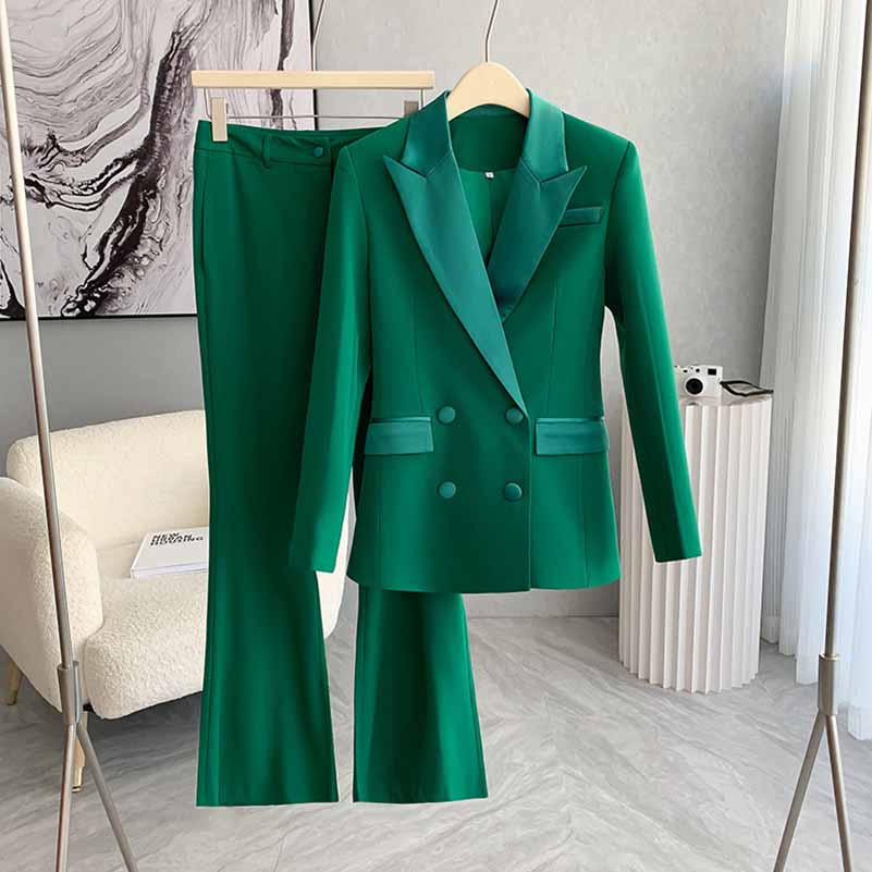 Women's green pantsuit formal featuring a tailored double-breasted jacket and matching trousers