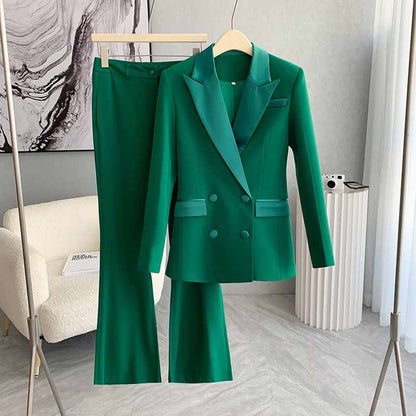 Women's green pantsuit formal featuring a tailored double-breasted jacket and matching trousers