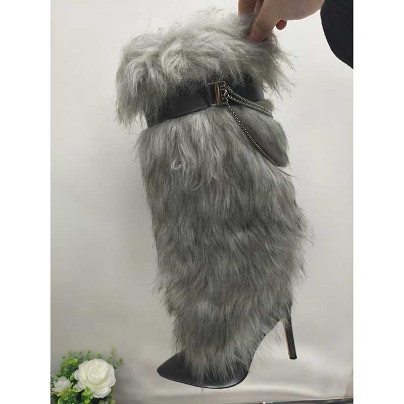 Stylish women's grey faux fur boots with a trendy stiletto heel and unique fur design