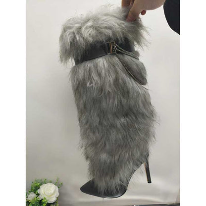 Stylish women's grey faux fur boots with a trendy stiletto heel and unique fur design