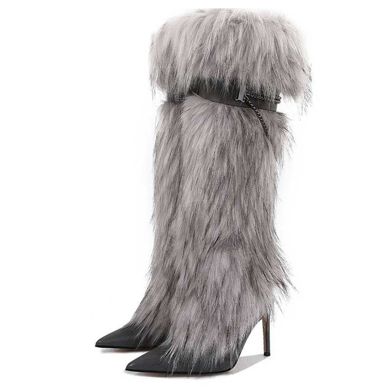 Stylish women's grey faux fur boots with a sleek pointed toe and high heel design