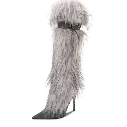 Stylish women's grey faux fur boots with a high heel and trendy design for fashionable outfits