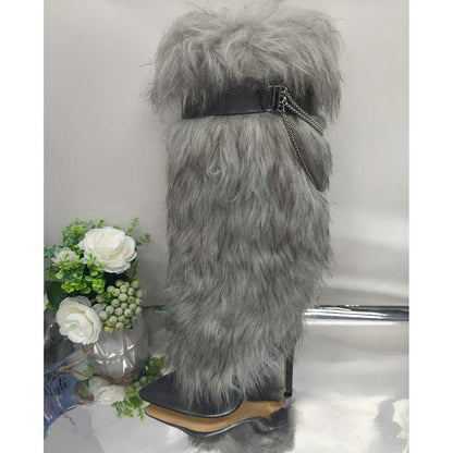 Stylish women's grey faux fur boots with high heels and decorative belt for a trendy look.