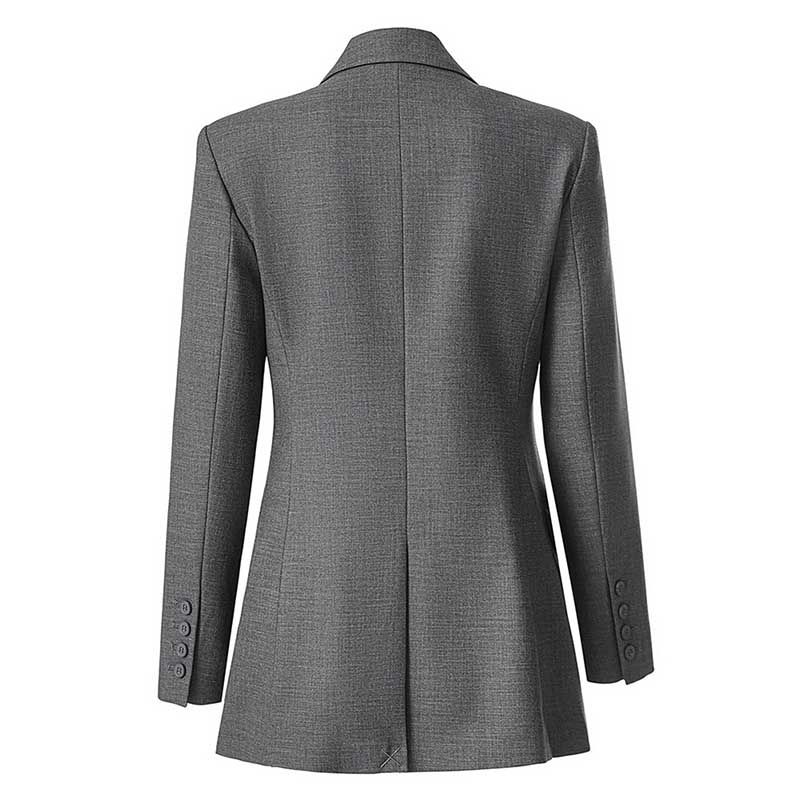 Back view of women's grey tailored pantsuit by SD Dresscode & Fashiontrends with elegant detailing
