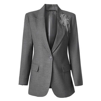 Women's grey tailored pantsuit jacket with a modern cut and stylish embellishments from SD Dresscode & Fashiontrends