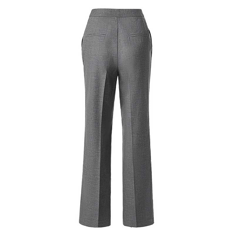 Back view of women's grey tailored pantsuit showing a sleek and fitted design with pockets