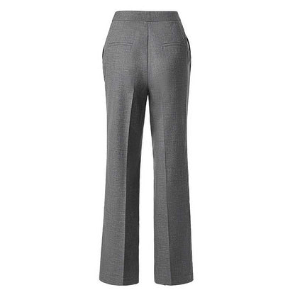 Back view of women's grey tailored pantsuit showing a sleek and fitted design with pockets