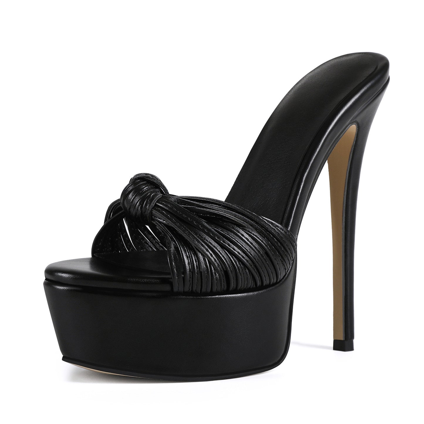 Black high-heeled platform mule sandal with a knotted upper design