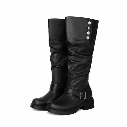 Women's high platform knight boots in black with stylish buttons and buckle detail