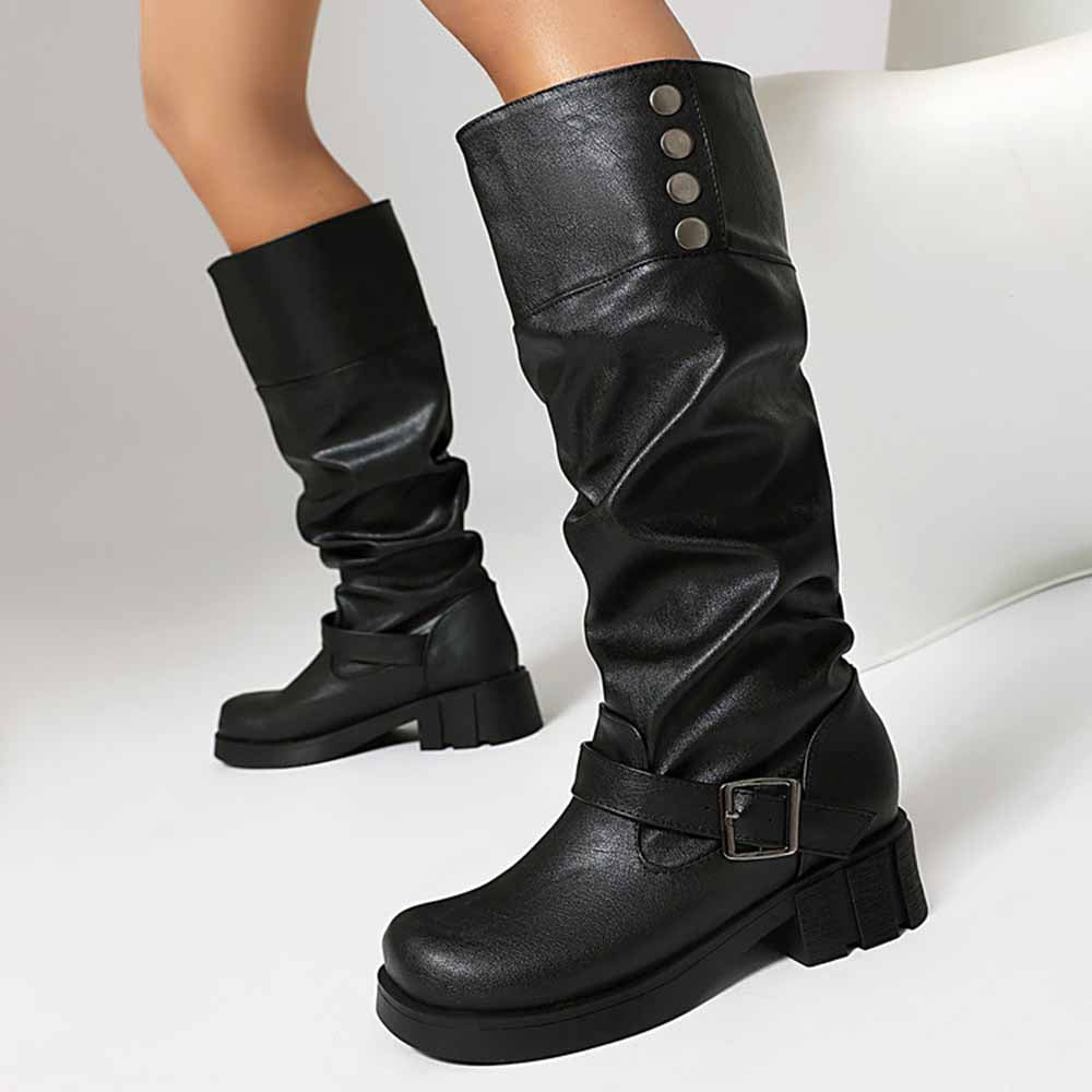 Stylish women's high platform knight boots in black with slouchy design and buckle detail