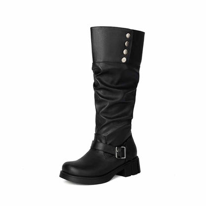 Black women's high platform knight boots with button details and side buckle for stylish looks