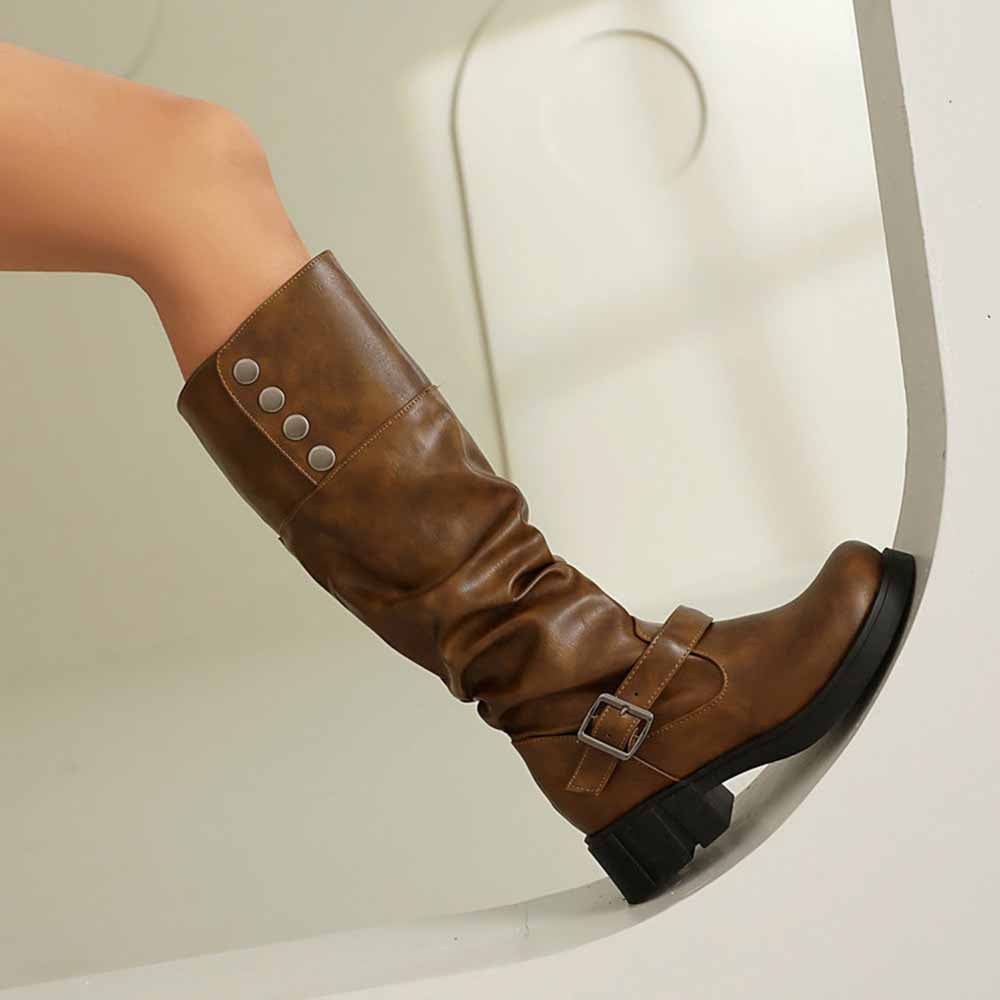 Stylish women's high platform knight boots with buckle detail and button accents in brown