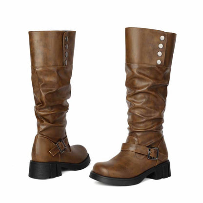 Stylish women's high platform knight boots in brown with decorative buttons and adjustable buckle