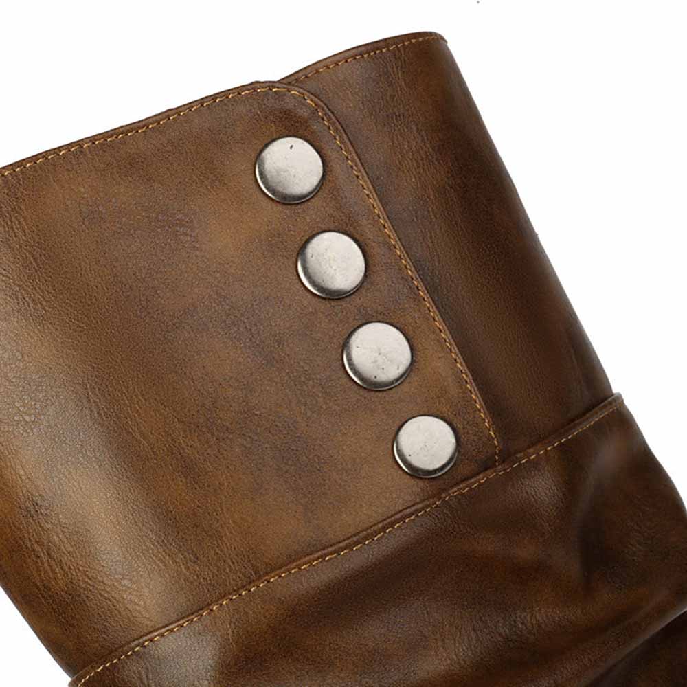 Close-up of women's high platform knight boots featuring decorative snap buttons in a rich brown finish