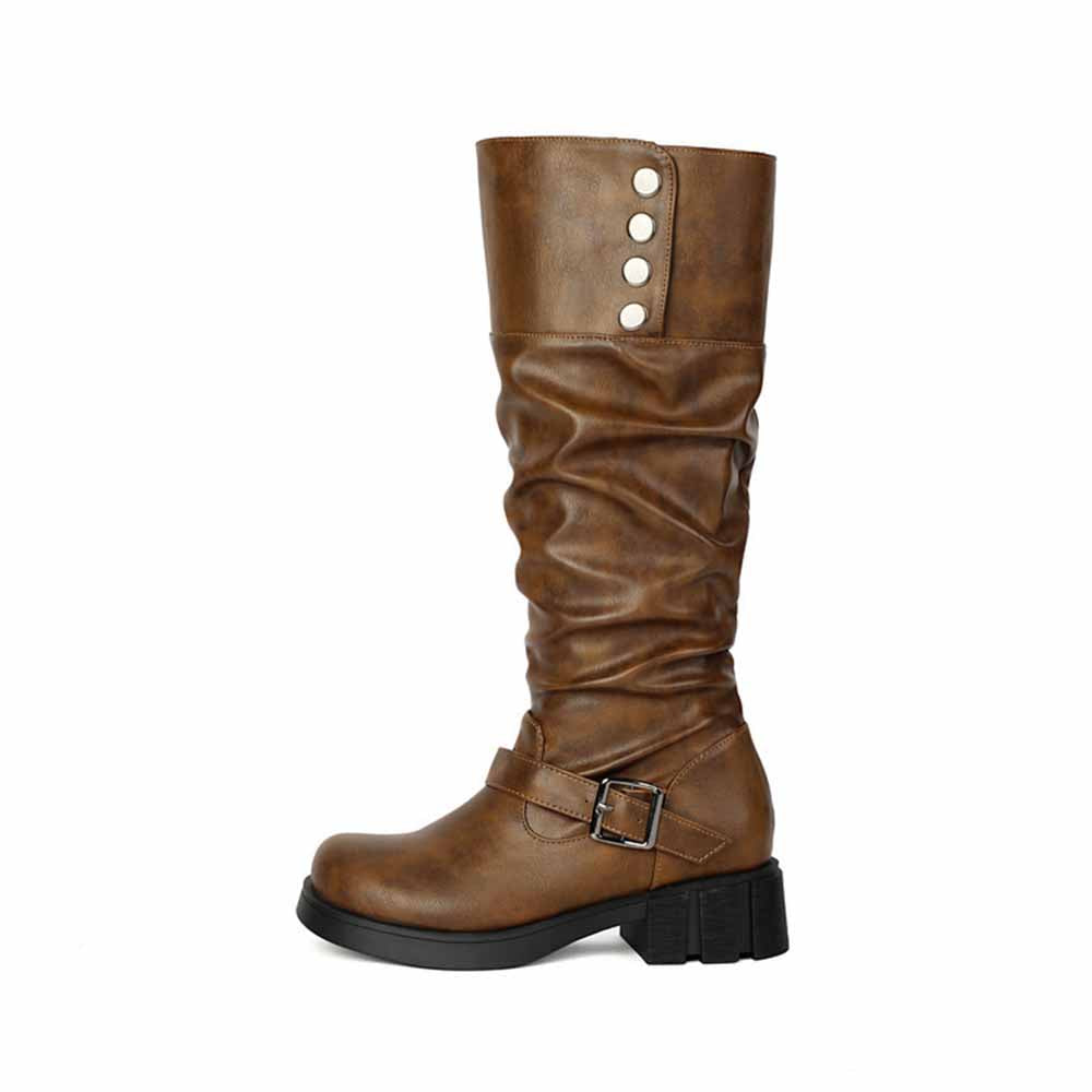 SD-HK women's high platform knight boots in brown with slouchy design and buckle detail