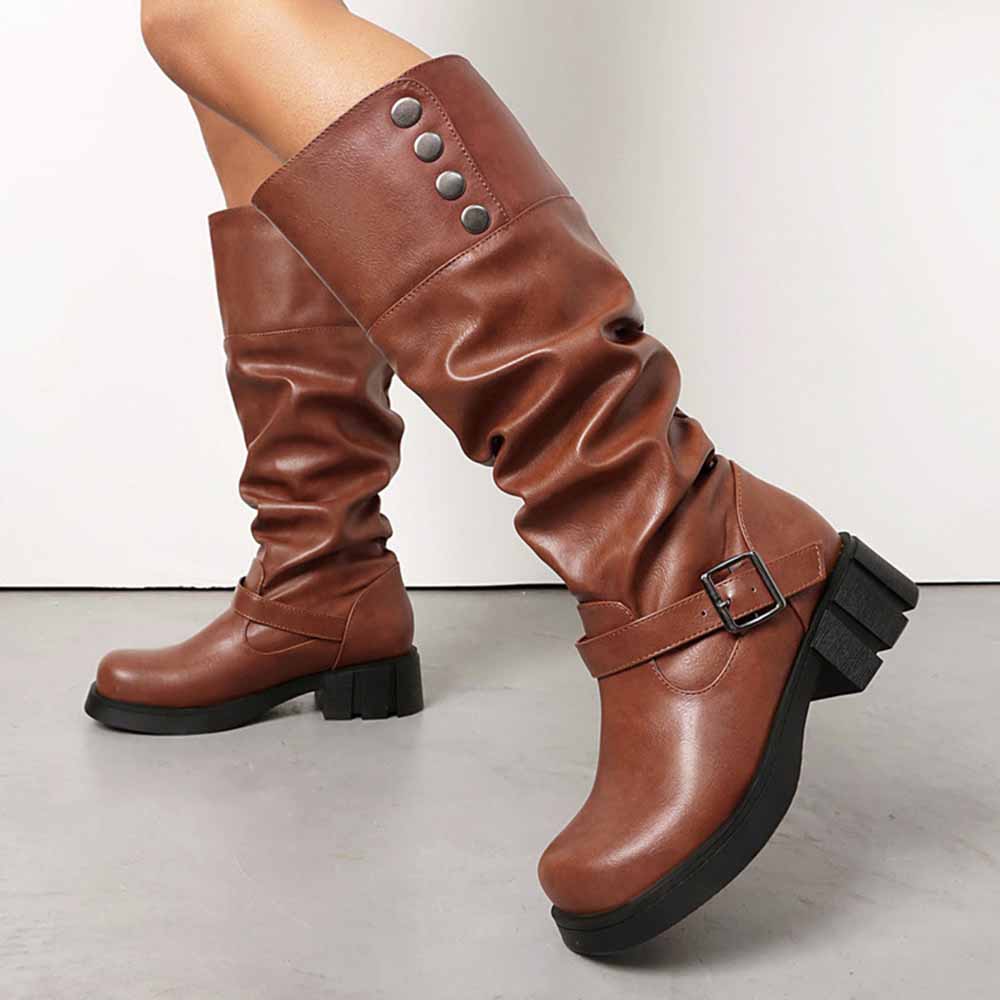 Women's high platform knight boots in brown with slouchy design and buckle detail 