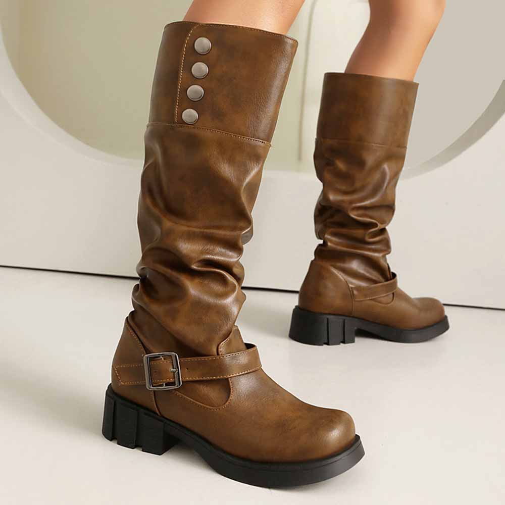 Stylish women's high platform knight boots in brown with buckle detail and slouchy design