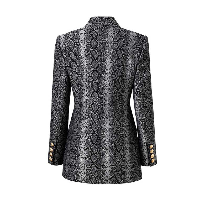 Back view of women's jacquard blazer black with snake print pattern and gold button details