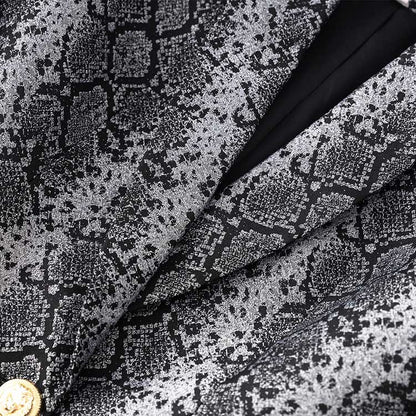 Close-up of women's jacquard blazer black featuring a textured pattern and elegant lapels