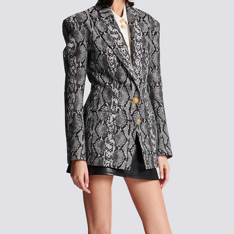 Womens jacquard blazer black featuring a stylish snake print design and bold shoulder pads.