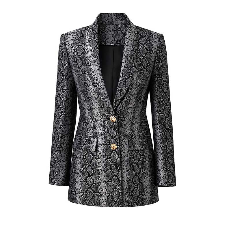 Stylish women's jacquard blazer black with a snakeskin pattern and gold buttons