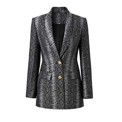 Stylish women's jacquard blazer black with a snakeskin pattern and gold buttons