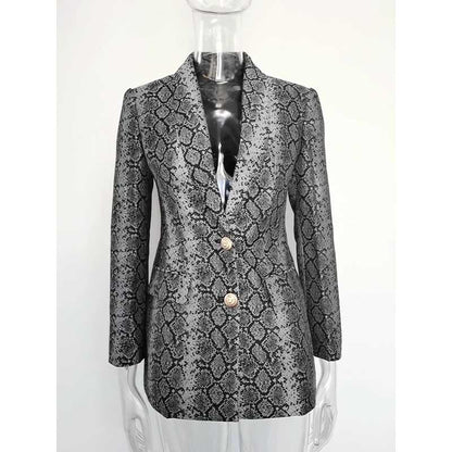 Stylish women's jacquard blazer black with snake print pattern and gold buttons for chic outfits