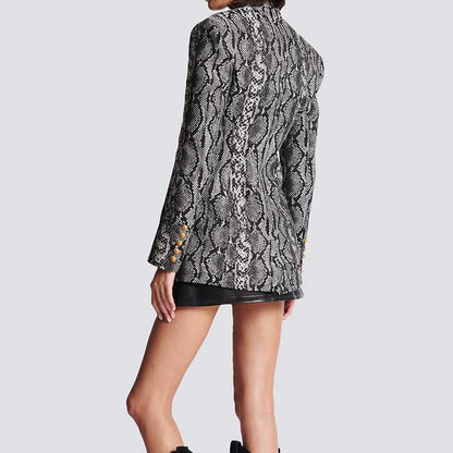 Women's jacquard blazer black in snake print design, featuring a tailored silhouette and stylish buttons
