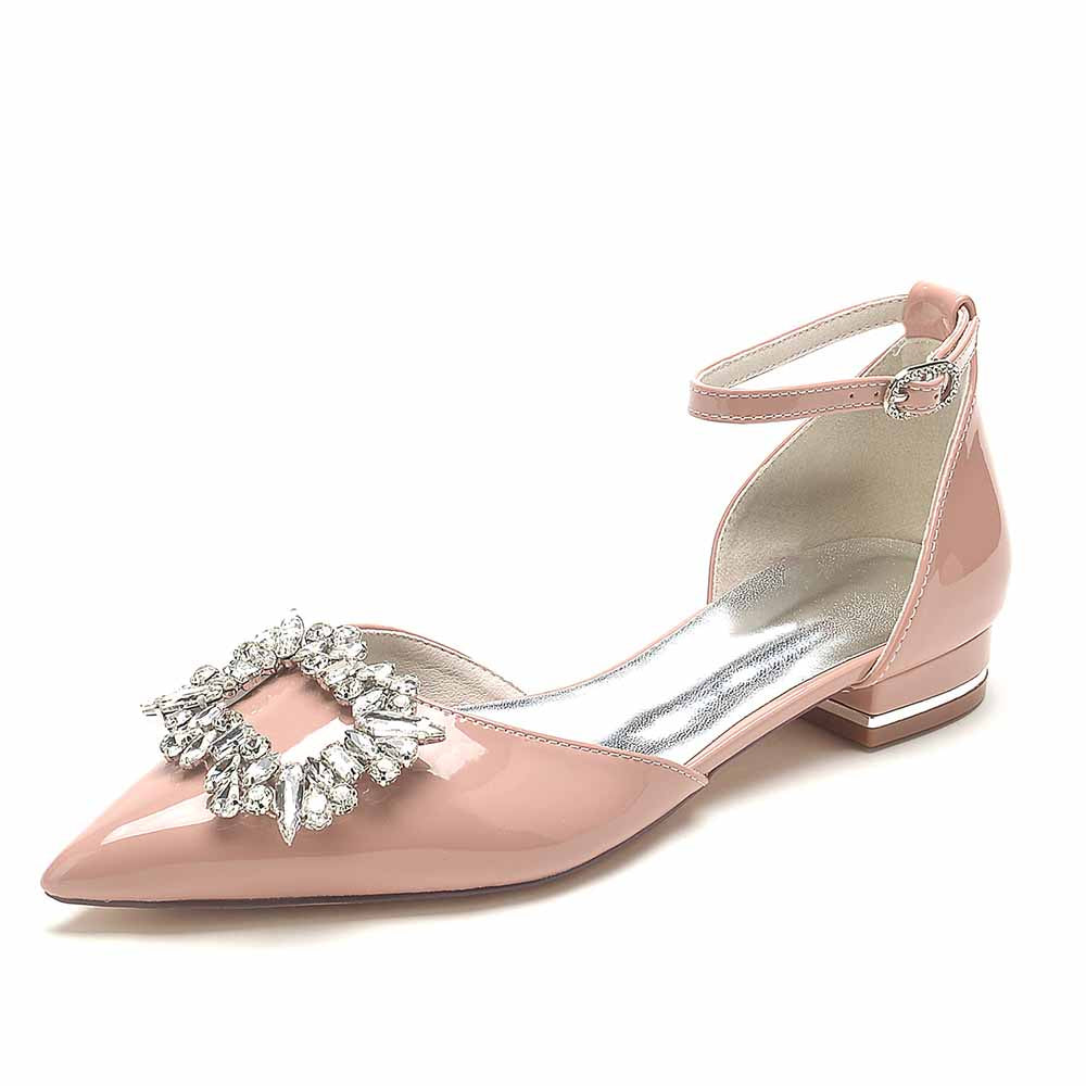 S&DCo women's jeweled pointed toe flats in blush with decorative buckle and ankle strap