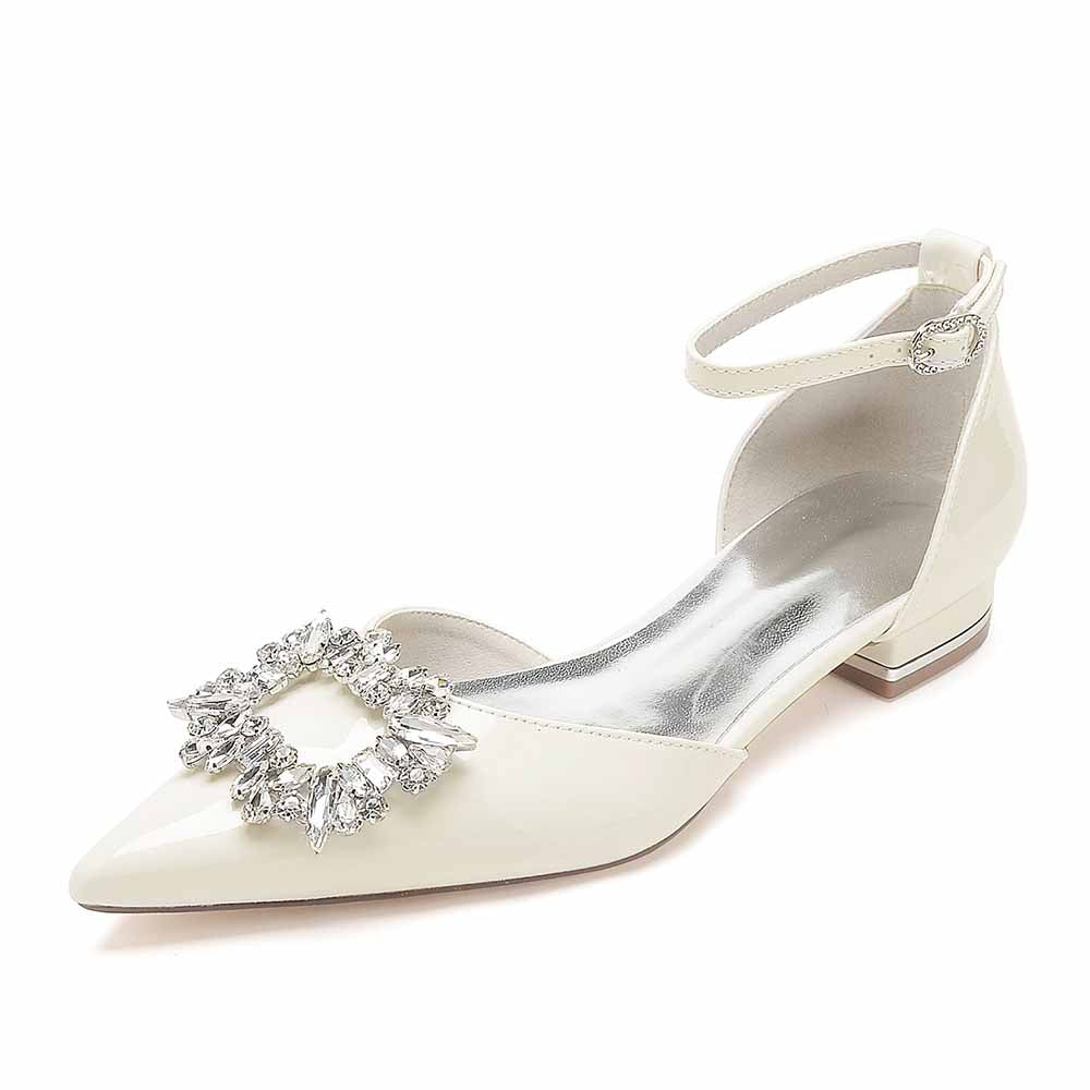S&DCo. women's jeweled pointed toe flats in white with elegant buckle detail for stylish occasions