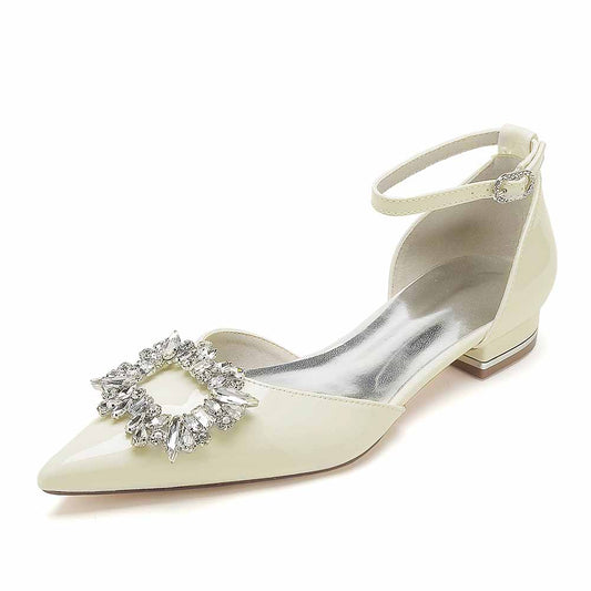 S&DCo. women's jeweled pointed toe flats with elegant ankle strap and decorative stone embellishment