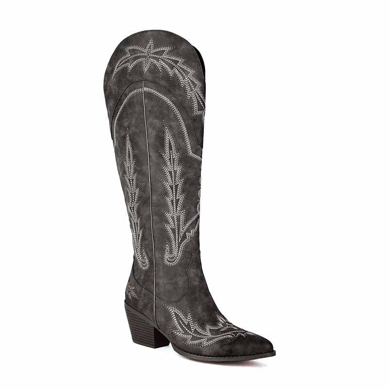 Stylish women's knee high cowboy boots in gray with intricate stitching and a comfortable heel