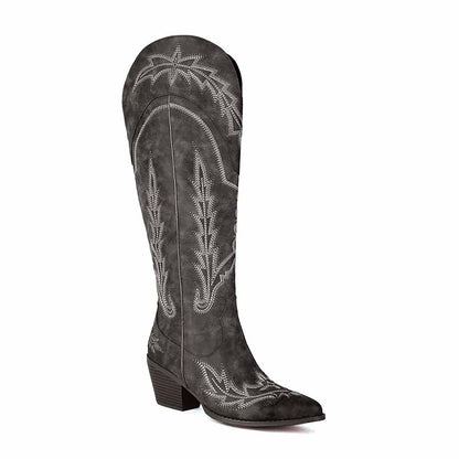 Stylish women's knee high cowboy boots in gray with intricate stitching and a comfortable heel