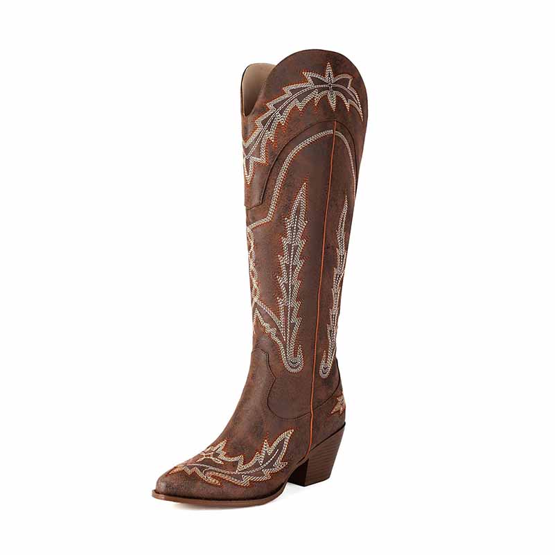 Stylish women's knee high cowboy boots in brown with intricate embroidery and a comfortable heel