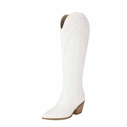 Stylish white women's knee high cowboy boots with embossed details for trendy outfits