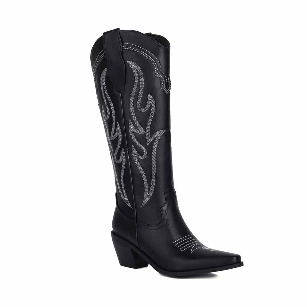 Stylish women's knee high western boots in black with unique stitching and a pointed toe