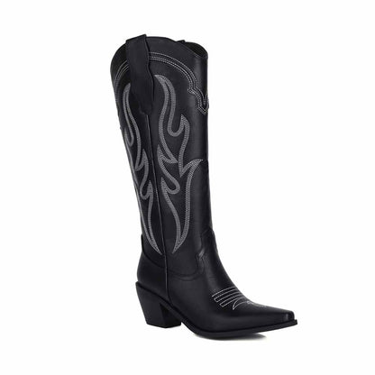 Stylish women's knee high western boots in black with unique stitching and a pointed toe