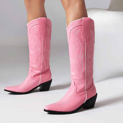 Pink women's knee high western boots with stylish embroidery and a sleek design