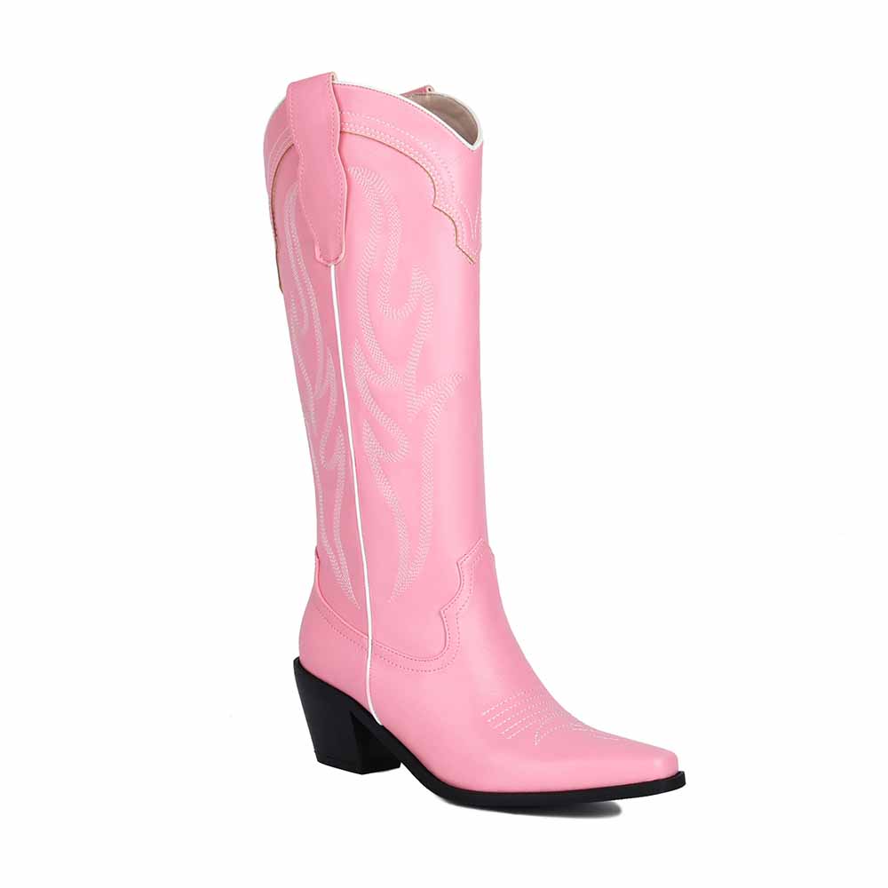 Stylish pink women's knee high western boots with decorative stitching and a comfortable heel