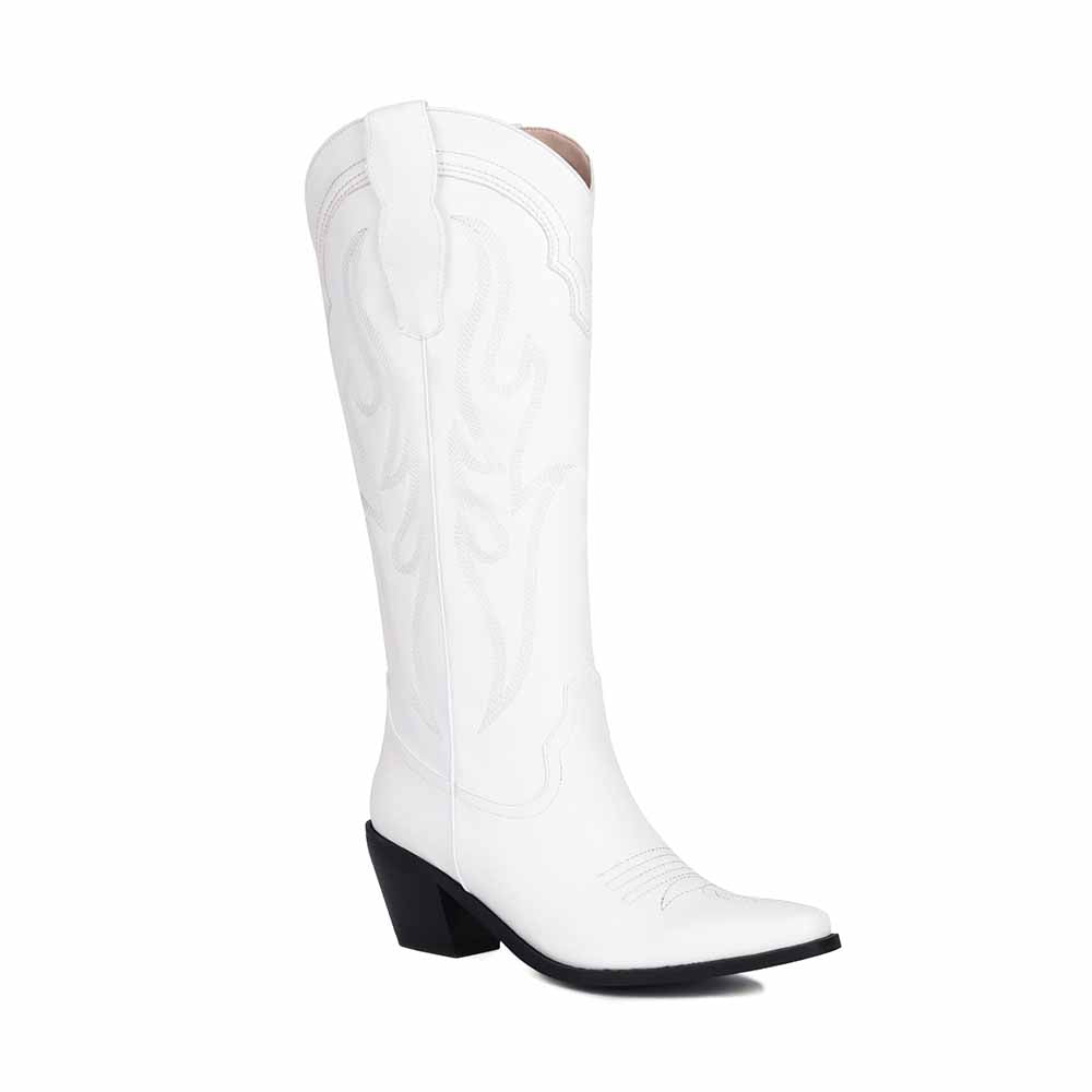 Stylish white women's knee high western boots with detailed stitching and a classic design