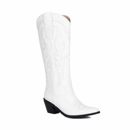 Stylish white women's knee high western boots with detailed stitching and a classic design
